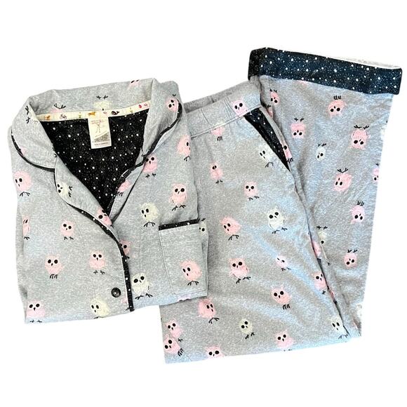MUNKI MUNKI Flannel Pajama Set 2pc Pajamas Gray Owl Womens Sz L - Picture 1 of 10